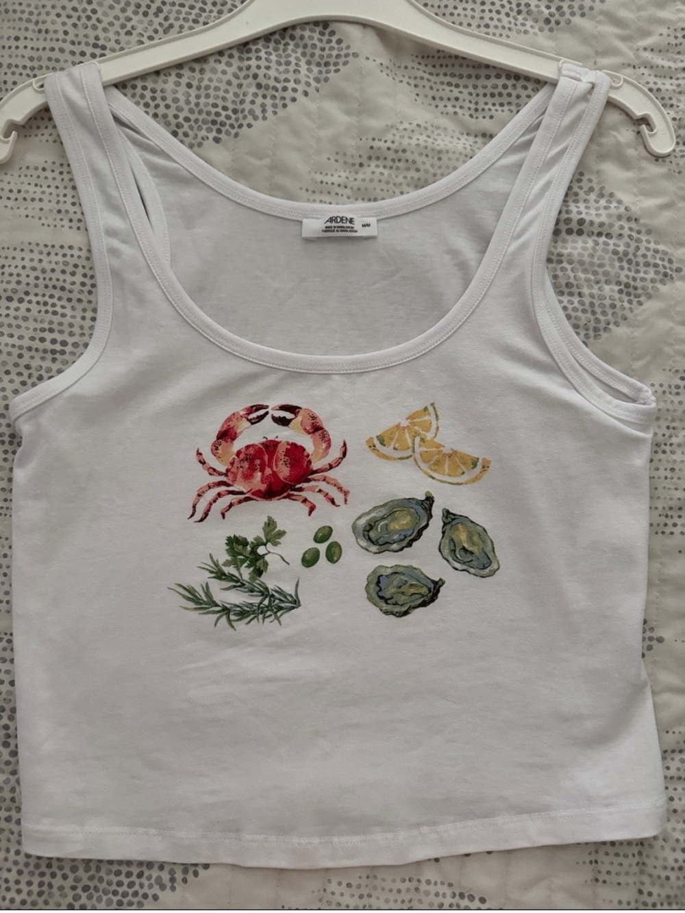 Ardene White Crop Tank Top with Colorful Seafood Motif